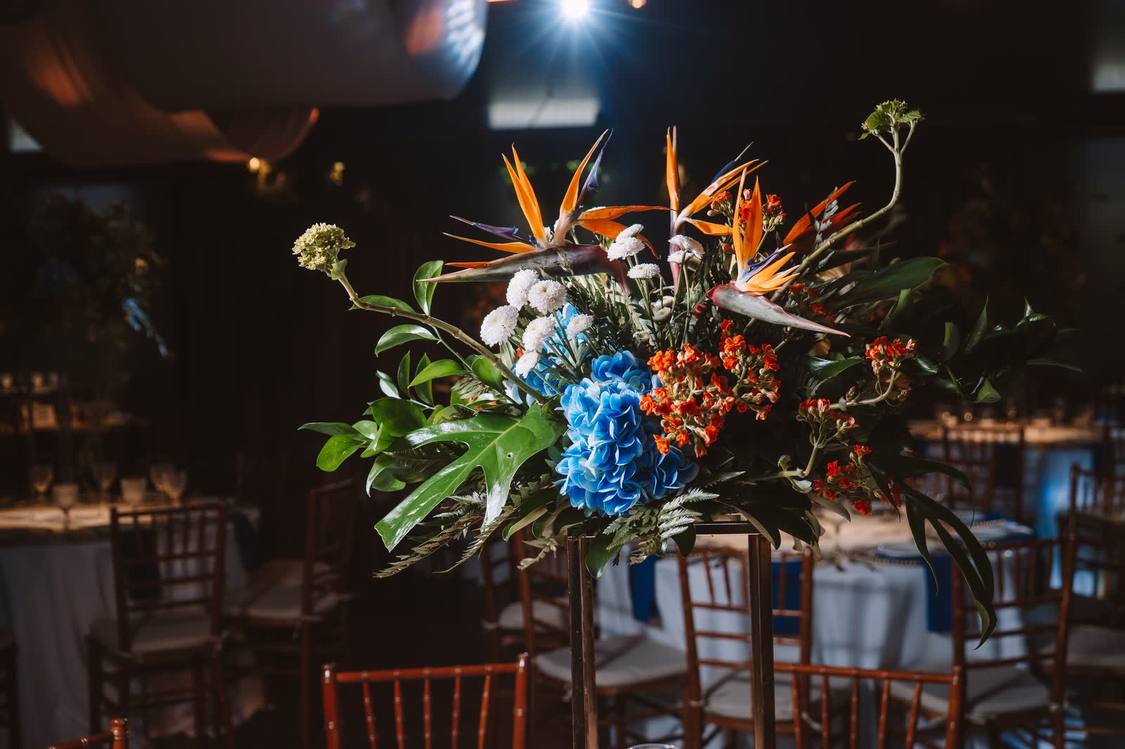 Arranjo de flores tropicais com estrelícias sobre a mesa